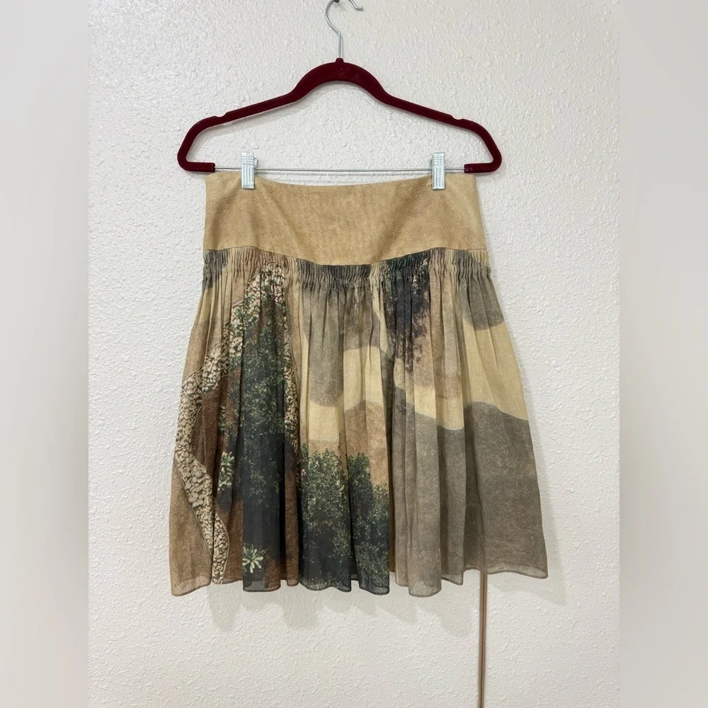 $590 AKRIS PUNTO Designer Multi Color Tan Printed  Skirt US 8